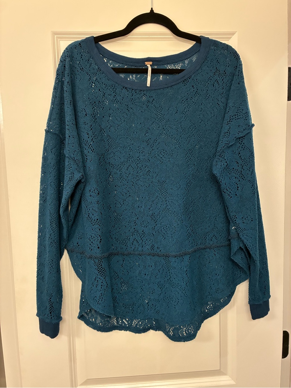 Free People Teal Lace Knit Boxy Pullover